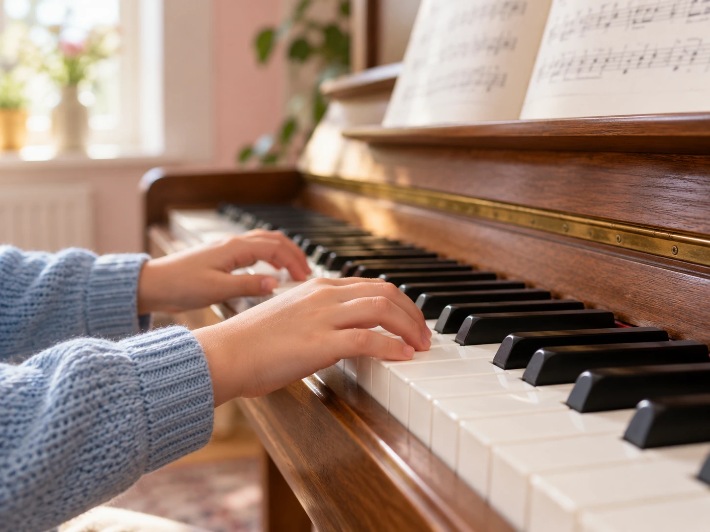 Illustrative image of hands playing an upright piano.